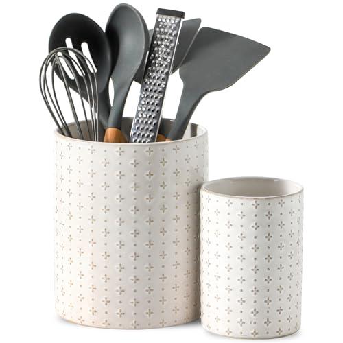 Seyatoo Kitchen Utensil Holder for Countertop, 7.1" + 5.3" Ceramic Cooking Utensil Holder Set of 1, Large Utensil Crocks, Morden Kitchen Tool Tolder for Spatula, Arctic White