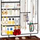 X-cosrack Jewelry Holder Organizer Stand, Jewelry Display with Earring Necklace Bracelet Holder, Earring Organizer and Storage with 132 Holes, Necklace Holder with 12 Hooks, Rustic Black+Brown