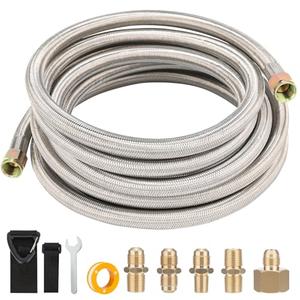 PLUMBINGMASTER 12FT Propane Gas Line, 3/ 8 Gas Hose, High Pressure Braided Propane Hose with Conversion Coupling 3/ 8" Flare to 1/ 2" Female NPT, 1/ 4" Male NPT for BBQ Grill
