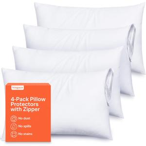 Ultra Soft Pillow Protectors with Zipper King Size - Set of 4 Breathable Pillow Covers - 100% Protection Against Stains, Dust & Dirt - Machine Washable (White)