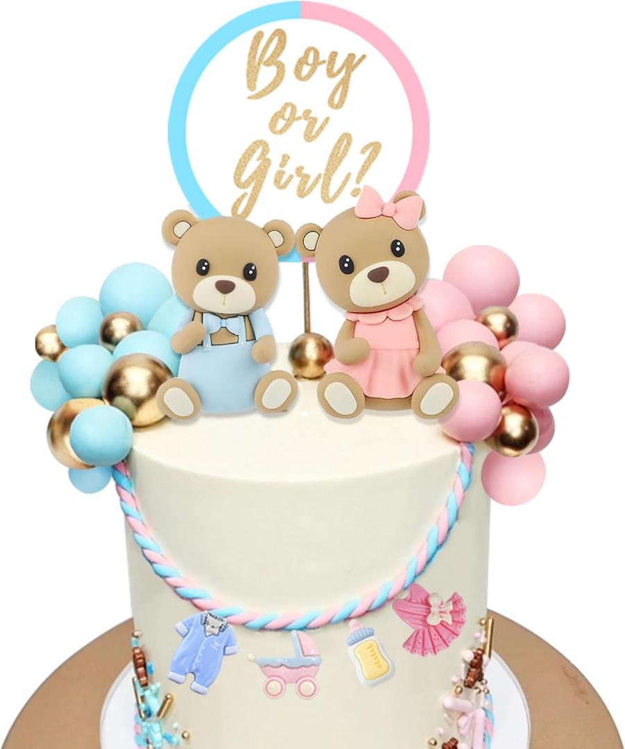 Bear Cake Toppers Gender Reveal Balls Cake Decorations for Boy Girl Gender Reveal Baby Shower Party Supplies
