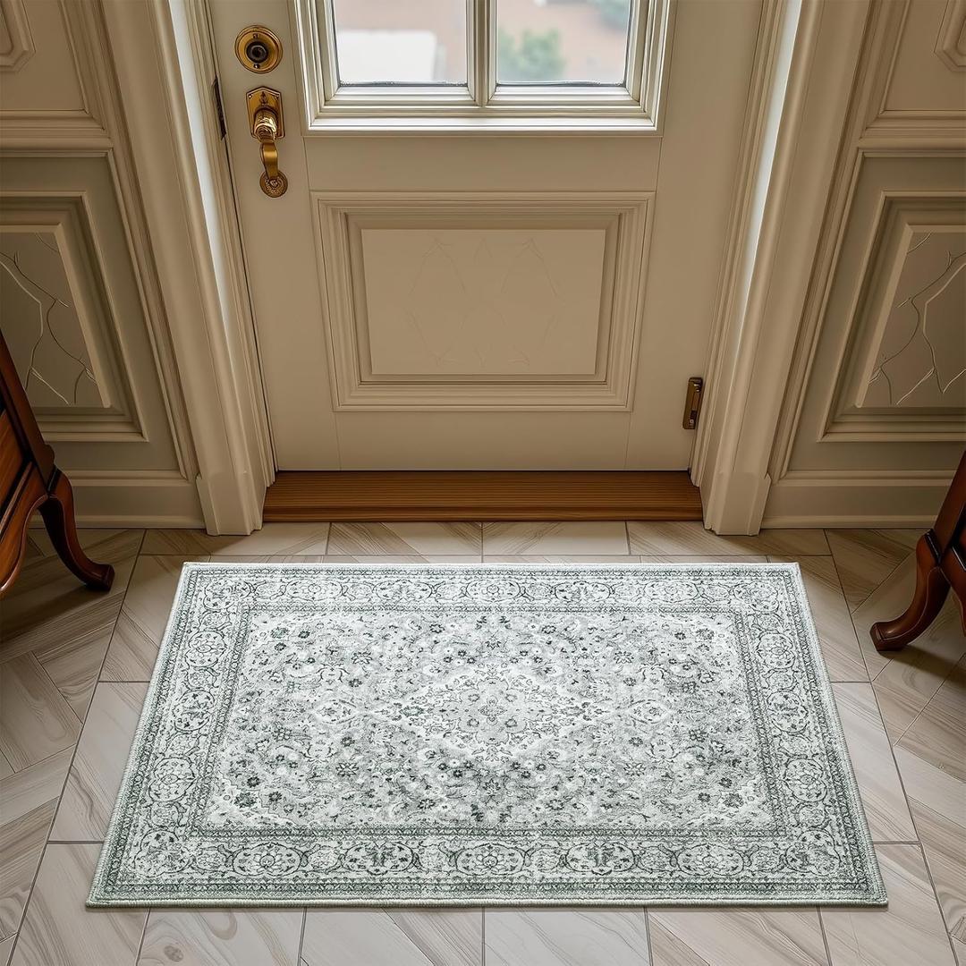Washable Entry Rug 2x3, Gray Small Area Rugs Non Slip, Indoor Low Pile Carpet with Rubber Backing for Bathroom Kitchen Entryway Office (Grey)