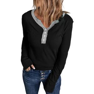 Acelitt Womens Casual Fall Long Sleeve Waffle Knit Henley Shirt Button Down V Neck Tunic Tops Blouses (Small, 01-white)
