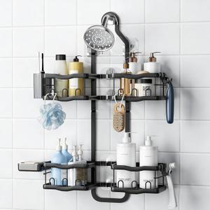 GearFusion Aluminum Alloy Shower Caddy Hanging, No Drilling Over the Shower Head Caddy, 2 Levels Showers Rack Organizer with Hooks, Razor Holder, Soap Holder
