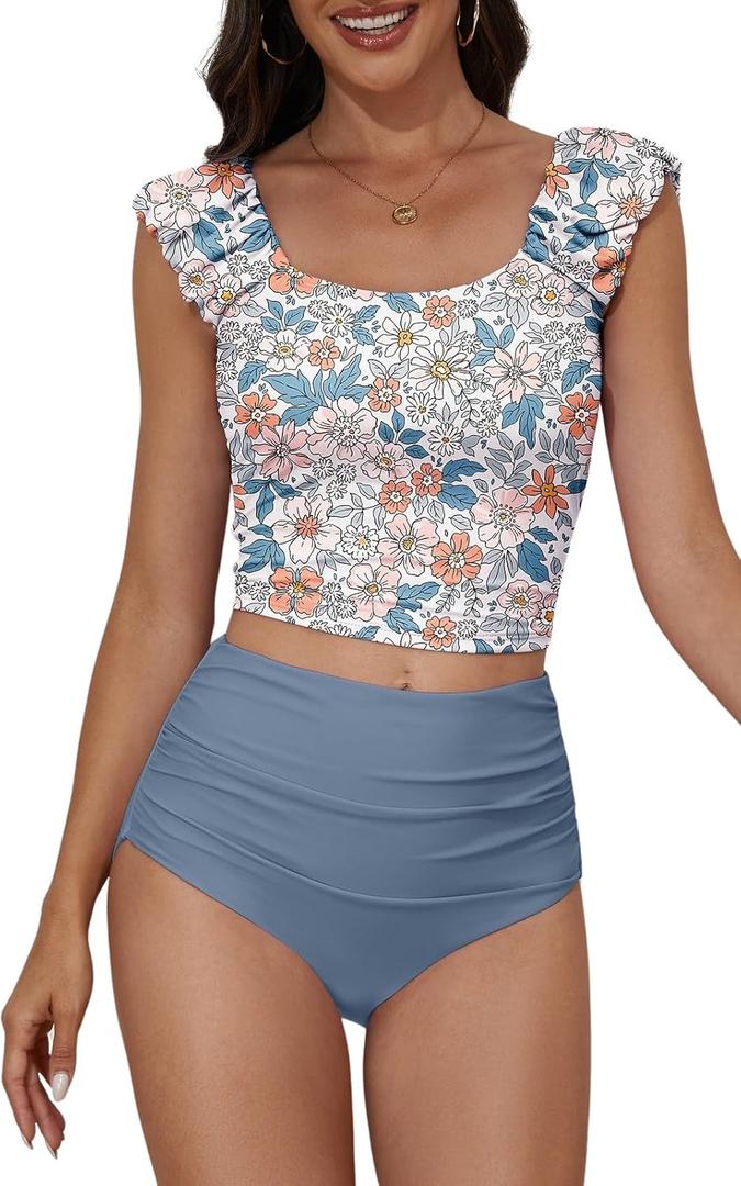 Eomenie Tankini Swimsuits for Women Ruched Tummy Control Bathing Suit Two Piece Swim Tank Top with High Waisted Bottom (XX-Large, Orange Floral)