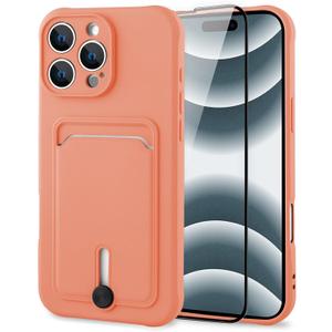 MZELQ TPU Wallet Compatible with iPhone 16 Pro Max Case, Card Holder Camera Protection Cover + Screen Protector, Push-able Slot for Girls Women -Pink