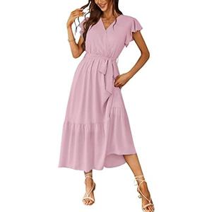 PRETTYGARDEN Women's Summer Floral Boho Maxi Dress Wrap Short Sleeve V Neck Ruffle A-Line Flowy Wedding Guest Long Dresses (Medium)