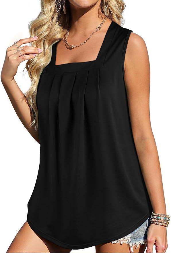 Flafens Summer Tank Top for Women - Cute Pleated Babydoll Scoop Neck Smocked Graphic Sleeveless T Shirt for Beach Vacation, Size 3XL