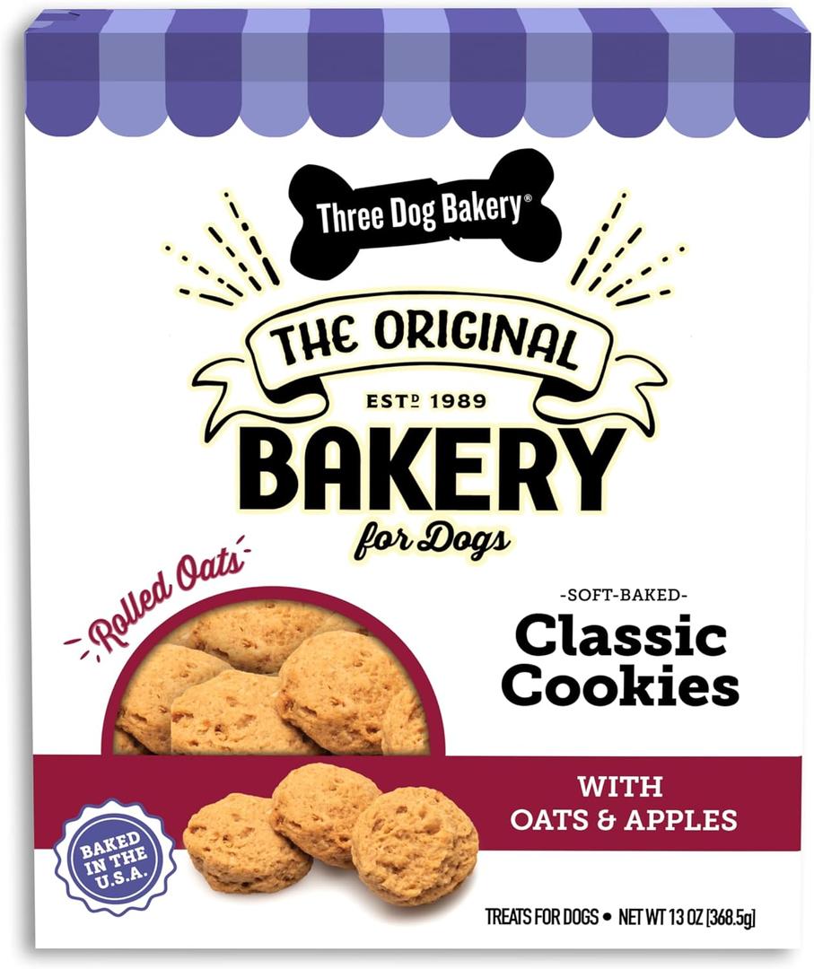 Three Dog Bakery Soft Baked Classic Cookies with Oats and Apple, Premium Treats for Dogs, 13 Ounce Box (114334) (EXP 12/09/27)