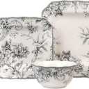 222 Fifth Adelaide Grey 16-Piece Floral Porcelain Dinnerware Set | Microwave and Dishwasher Safe Dining Set for 4 | Stackable and Chip-Resistant Plates Bowls and Cups | Gift for Housewarming & Wedding