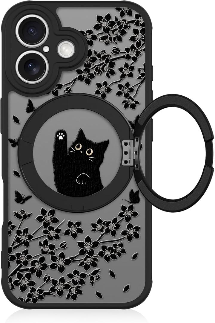 Cute Case for iPhone 17 Case with Stand [ Compatible with MagSafe ] Kawaii Black Cat & Floral & Butterflies Pattern Design 360 Magnetic Ring Kickstand Phone Cover for Women Girls Boys