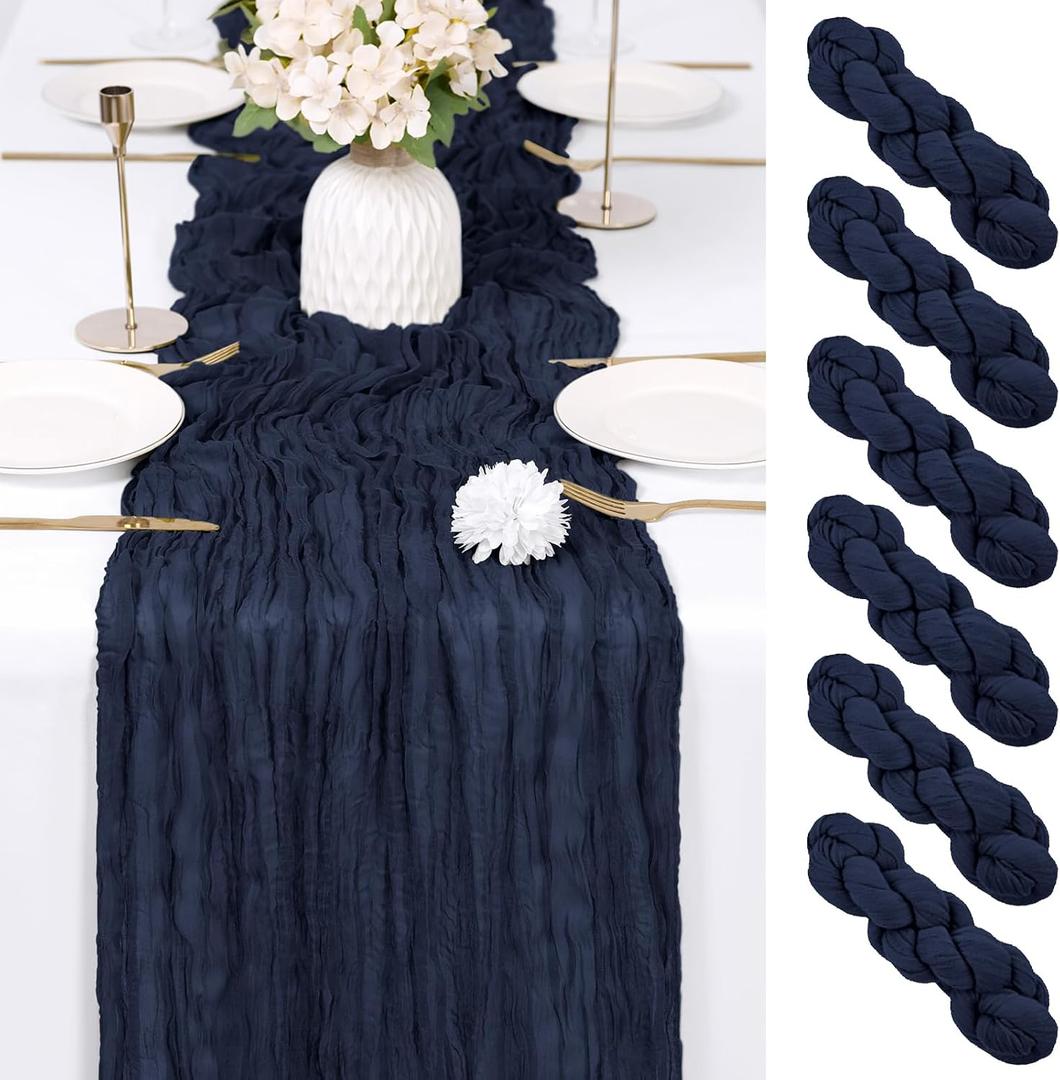 6 Pack Navy Blue Cheesecloth Table Runner 17x108 Inch Semi Sheer Boho Gauze Cheese Cloth Fabric Table Runners Table Decor for Wedding Party Baby Shower Birthday Home Decor Garden Farmhouse