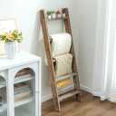 MyGift Decorative Ladder Shelf, 4.5 Foot Wall Leaning Wooden Towel Blanket Ladder Storage Rack for Bathroom or Living Room, Torched Brown Wood