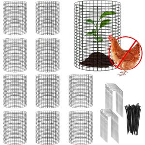 10 Pack 12" H X 4" D Wire Small Plant Protector from Animals, 10 PCS Small Metal Plant Cage Chicken Wire Cloche with Ground Stakes and Nylon Tie to Keep Animals Out, Garden Protection