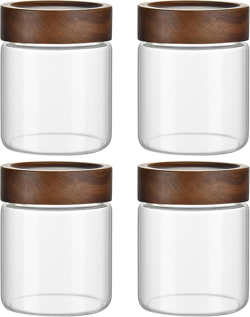12 oz/350 ml Clear Glass Storage Canister with Airtight Wooden Lid, Small Overnight Oats Containers, Cute Decorative Salad Jar for Snacks Yogurt Spice Sugar Cereal Fruit Coffee Tea -4 Pack