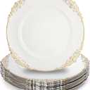Okllen 12 Pack Plastic Round Charger Plates, 13" Dinner Charger Dessert Plates with Gold Rim, Vintage Charger Serving Plates for Catering, Wedding, Tabletop Decor, White, Floral Trim