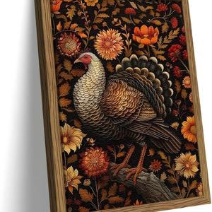 Framed Vintage Turkey 3D Textures Wall Art – Fall Floral Thanksgiving Wall Decor