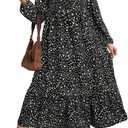 Women's Autumn Long-Sleeved Round-Neck Pleated Floral Dress a Casual and Flowing Long Dress (Black, L)