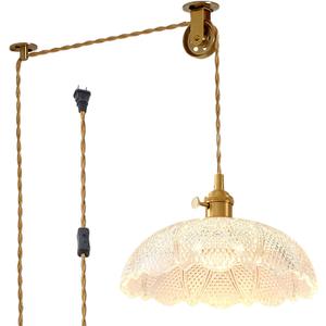 Hanging Lamp Plug in,Braided Adjustable Light Cord Plug in Pendant Light 9.8 Inch Glass Lampshade Hanging Ceiling Light Kitchen Island Pendant Lights for Bedroom with Light Bulb