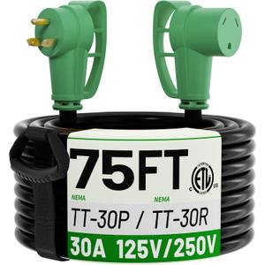 POWGRN NEMA TT-30P to NEMA TT-30R 75 FT 30 Amp RV Extension Cord Outdoor with Grip Handle, Flexible Heavy Duty 10/3 Gauge STW 3 Prong RV Power Cord Waterproof, 30A 125V 3750W, Black-Green, ETL Listed