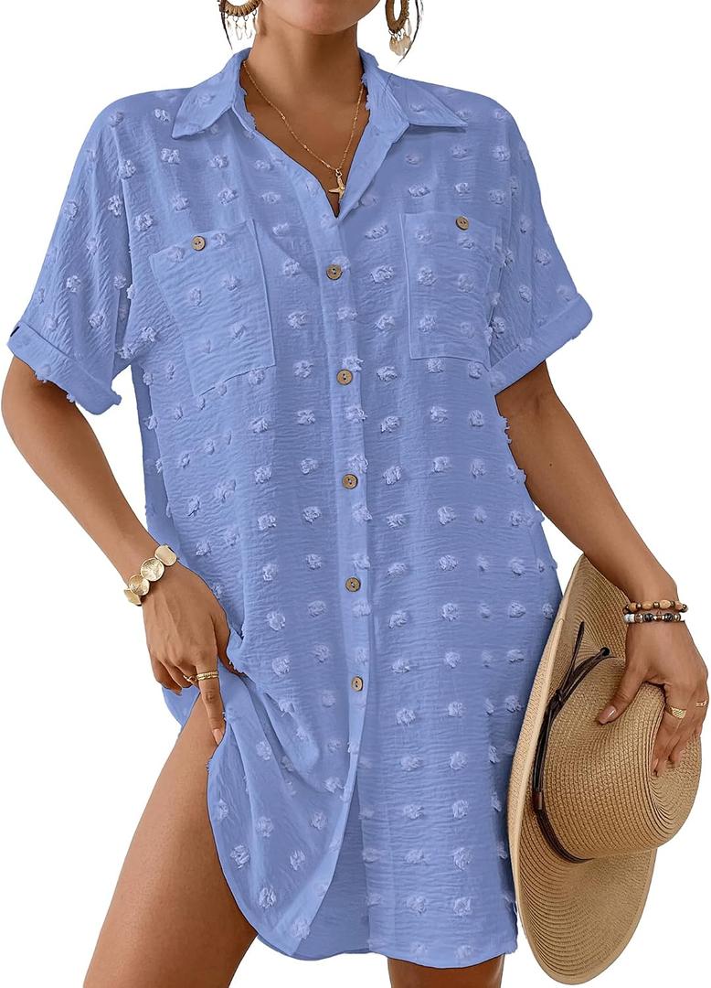 Bsubseach Swimsuit Coverup for Women Swiss Dot Bathing Suit Swimwear Button Down Beach Shirt Cover Up Resort Wear Light Blue M
