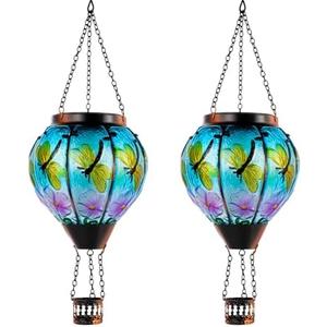 DREAMSKIP 2 Pack Dragonfly Hot Air Balloon Solar Lantern Outdoor Waterproof, Glass Balloon Lanterns for Outside, Decorative Hanging Solar Lights Patio Garden Yard Gift for Women Moms