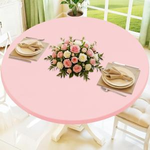 Moosfor Round Spandex Valentines Day Tablecloth, Elastic Fitted Waterproof Tablecloths for 18"-24" Tables, Stretch Washable Picnic Table Cover for Camping, Dining, Indoor and Outdoor, Pink