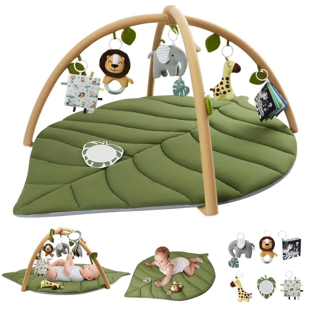 Blissful Diary Baby Play Gym & Activity Mat, Oversize Leaf Shaped Baby Play Mat w 6 Detachable Toys, Tummy Time Mat Promote Motor Skills & Sensory Development Mat, Newborn Infant Baby Essentials Gift (Play Gym with Lion Rattle)