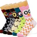 Pack of 5 Womens Cute Animal Owl Cat Socks Crew Cotton Novelty Socks for Owl Cat Lovers Gifts Ideas