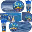 Ramadan Mubarak Supplies Eid Al-fitr Hari Raya Mosque Disposable Tablewares Cobalt for 12-Persons Includes Paper Plates, Cups, Napkins, Set of Plastic Cutlery and Tablecloth