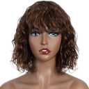 FASHION IDOL Bob Curly Human Hair Wig with Bangs for Black Women 10" Deep Wave Brazilian Virgin Human Hair Short Brown Water Wave Wig 150% Density