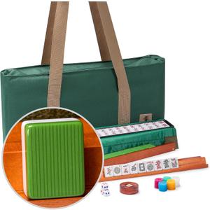 Yellow Mountain Imports American Mahjong Set, Huntington with 166 Melamine Mahjong Tiles, Mineral Green Soft Case - 4 All-in-One Racks with Pushers, Scoring Coins, Dice, and Wind Indicator, 21.7 X 10.6 X 3 Inches