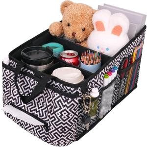 HEYSKAY Car Seat Organizer-Passenger Seat Organizer, Collapsible Small Car Seat Organizer for Console Front/Back, Car Caddy with 4pc Drink Holders Automotive Backseat Organizer for Kids (Black&White Check)