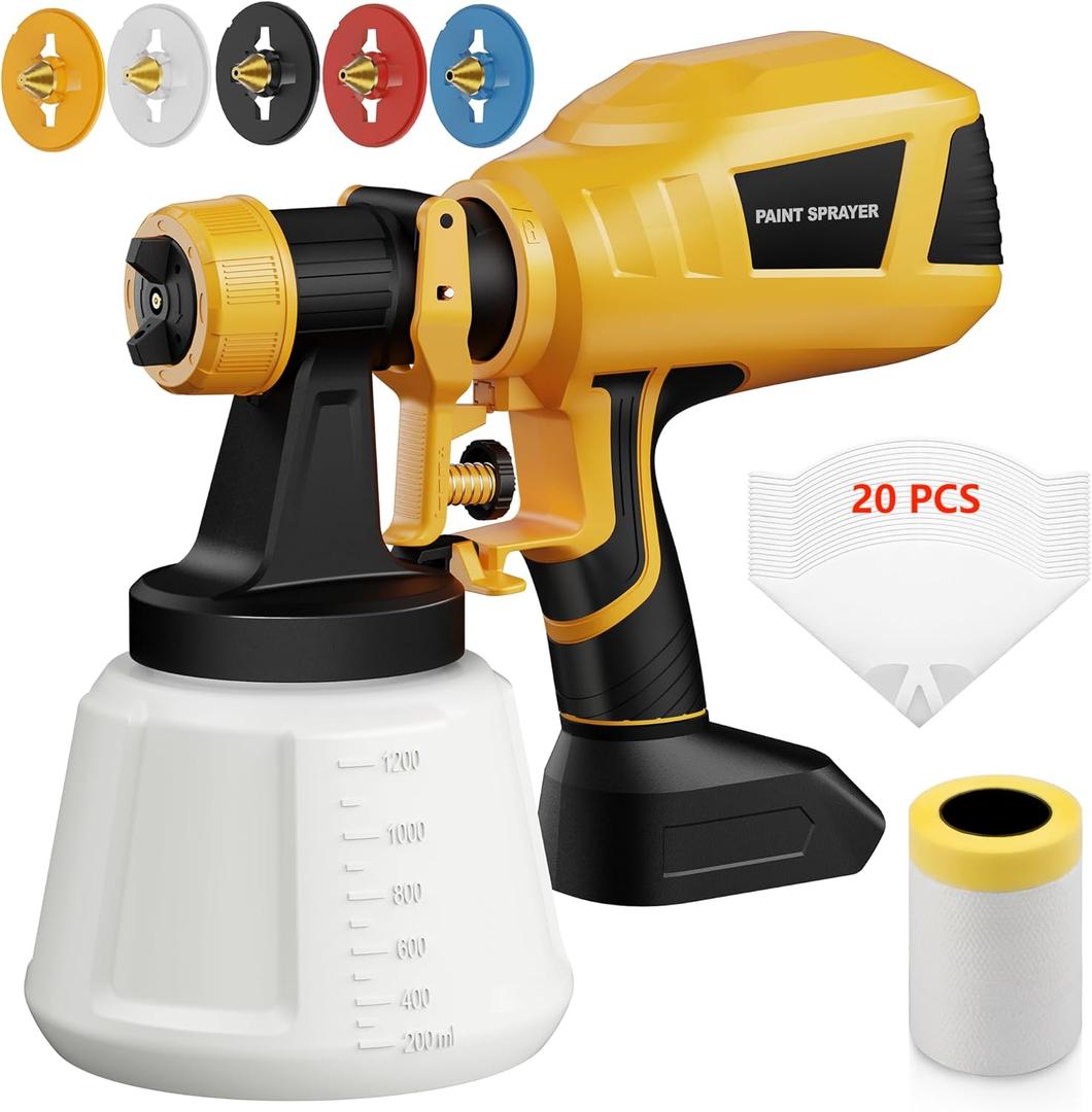 Cordless Paint Sprayer Compatible with Dewalt 20V Max Battery(No Battery), Spray Paint Guns with 5 Copper Nozzles, Electric Spray Gun for House Painting, Paint Sprayers for Walls Indoor, Fence (Yellow)