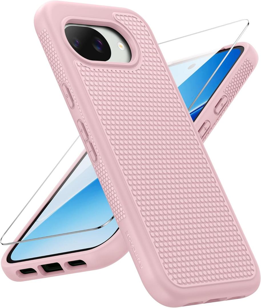 FNTCASE for Google Pixel 10A Case - Military Grade Drop Protection, 14ft Drop Tested, Screen Protector Included, Anti-Slip Anti-Fingerprint Matte Textured, Soft TPU Shockproof Cover (Pink)