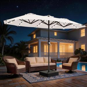 AreShark 13 FT Patio Umbrella with Solar Lights, Double-Sided Outdoor Table Umbrellas with Crank, Large Rectangular Market Umbrella for Porch, Lawn, Pool, Backyard, Cream-White