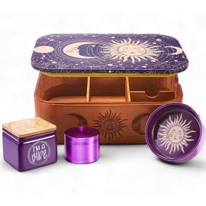 Decorative Box with Tray, Magnetic Lid Metal Tray & Bamboo Storage Box w/Removable Dividers, Versatile storage trays and Containers - Sun and Moon Themed Gift Set