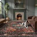 Lahome 8x10 Ultra-Thin Living Room Rug Non-Slip Washable Non-SheddingOriental Vintage Distressed Carpet for DiningBedroomOffice (Dull Teal)