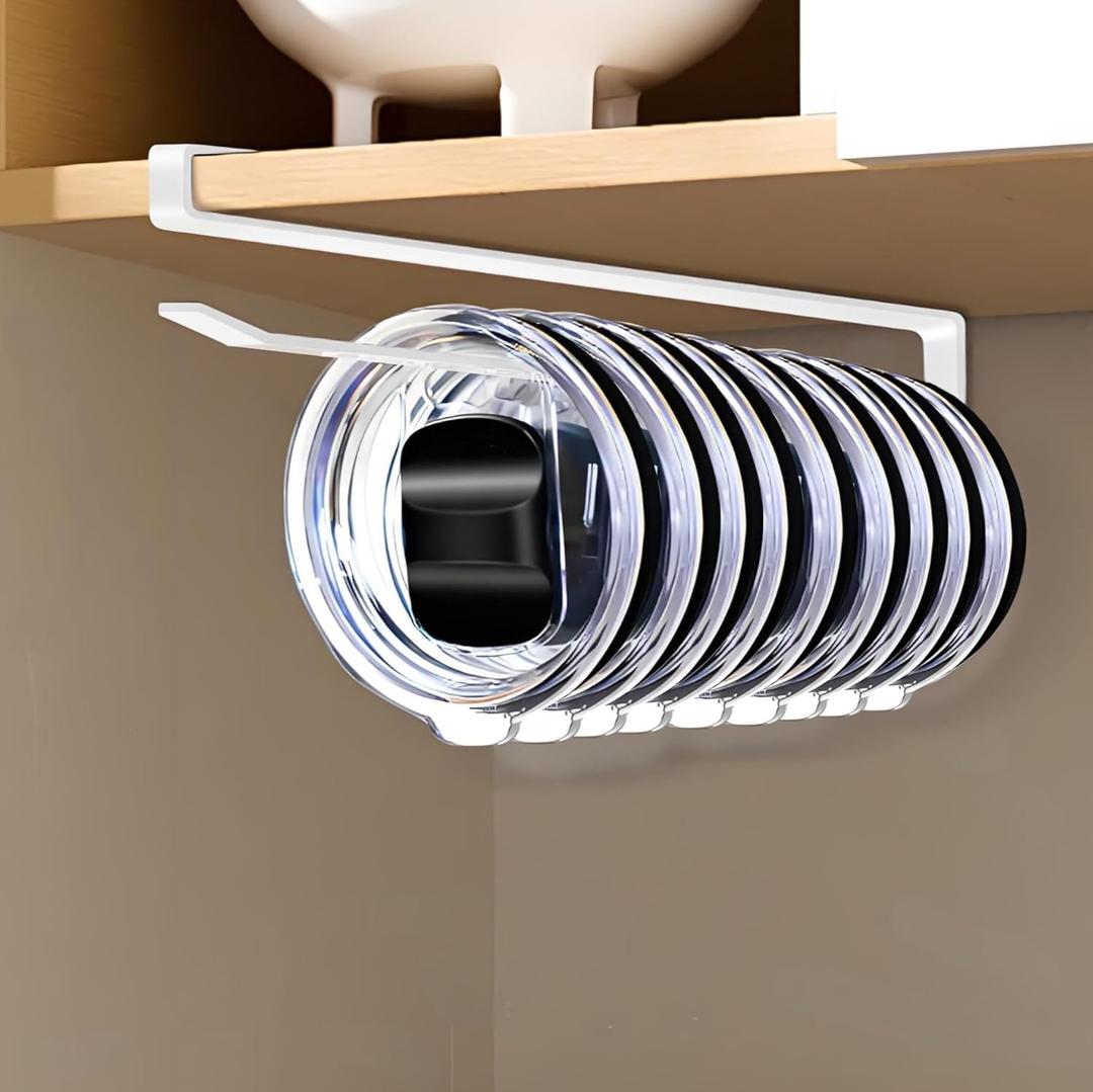 Tumbler Lid Organizer, Space Saving Yeti Lid Organizer Inside Cabinet, No Drill No Adhesive Cup Lid Holder, Yeti Tumbler Lid Holder for Kitchen Cabinet Organizers and Storage (1 pack Shallow, White)