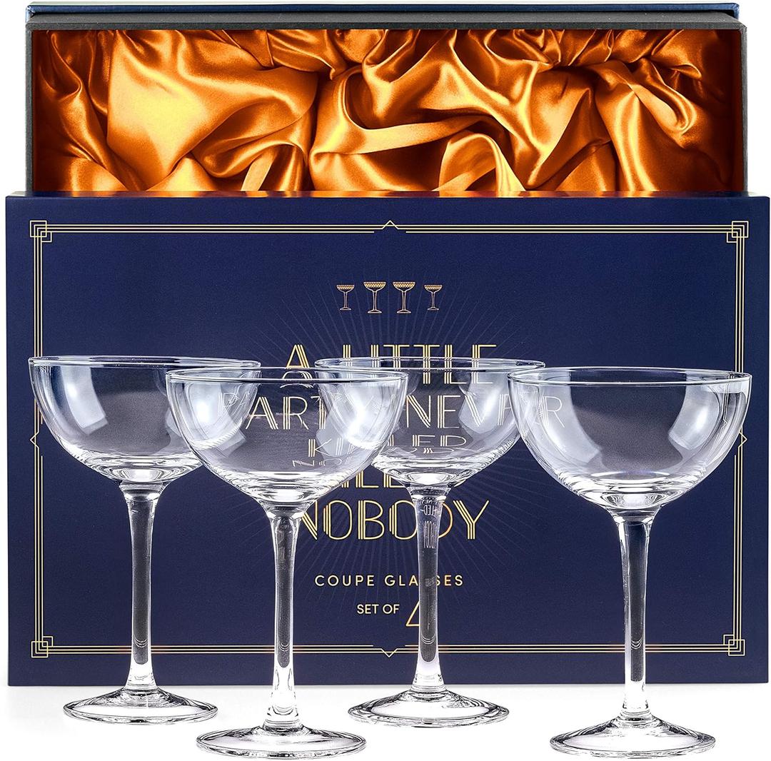 Vintage Crystal Champagne Coupe Glasses | Set of 4 | 4-5 oz Classic Cocktail Glassware - Martini, Manhattan, Cosmopolitan, Sidecar, Daiquiri | 1920s Speakeasy Retro Style Saucer Goblets
