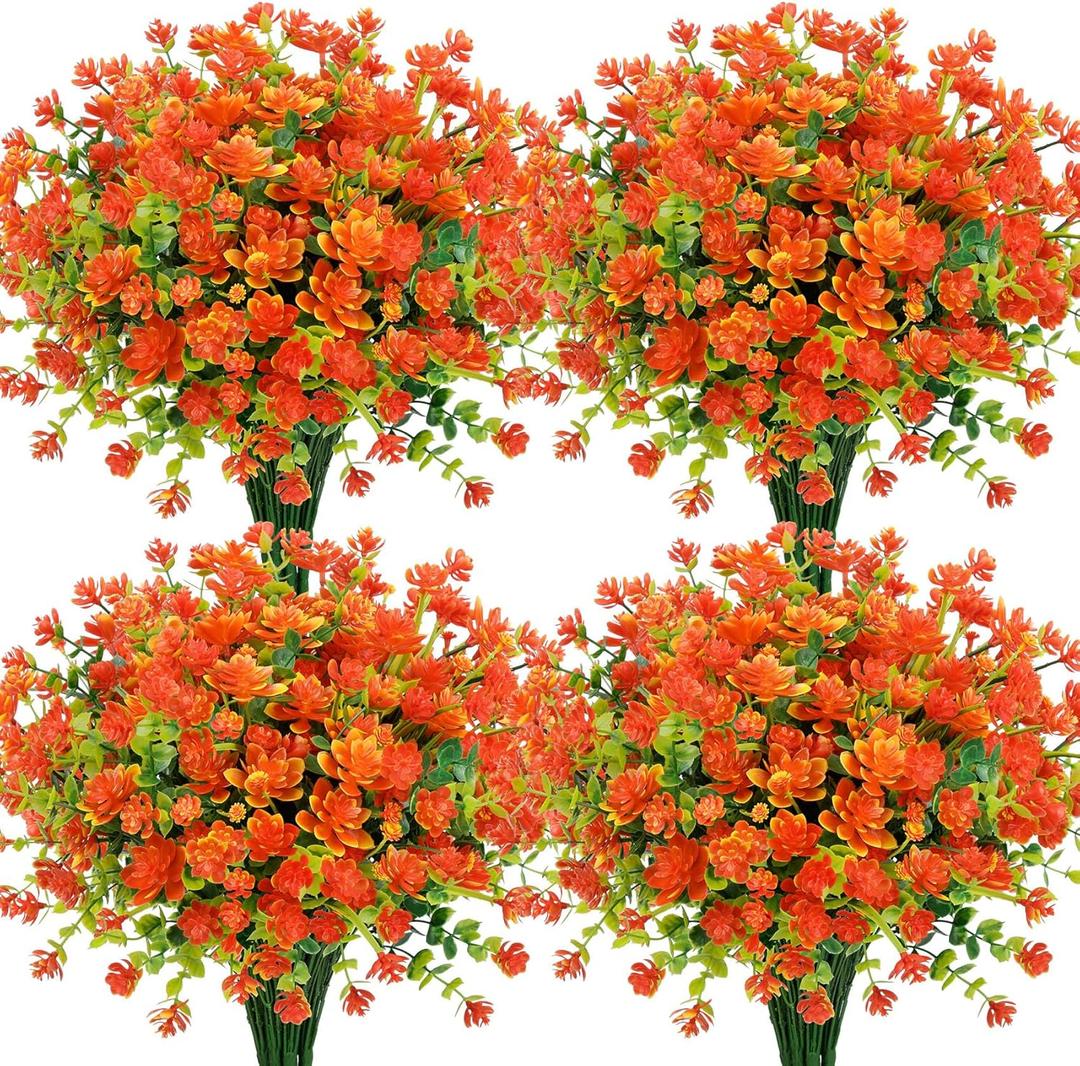 20 Bundles Artificial Flowers for Outdoors Decoration UV Resistant Fake Plastic Plants Faux Flowers Shrubs for Spring Summer Garden Porch Window Box Home Decor, Orange