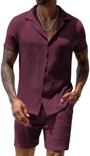 URRU Mens 2 Piece Outfits Summer Fashion Short Sleeve Shirt and Shorts Set Beach Tropical Vacation Outfits Sets Large, Wine Red 
