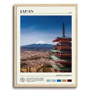 KISSFOX OAK Wood Framed Wall Art Japan Wall Decor Mount Fuji Canvas Art Cherry Blossom Pictures Landscape Paintings Travel Posters Aesthetic Artwork For Bedroom Office Living room 16"L x 20"W