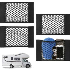 Bigmeta 4PCS RV Cargo Storage Mesh Net with Sticker | Elastic Stretchable Netting Pocket, Fits SUV & Truck, Size 15.4"×9.4", Keeps Small Items Organized and Secure