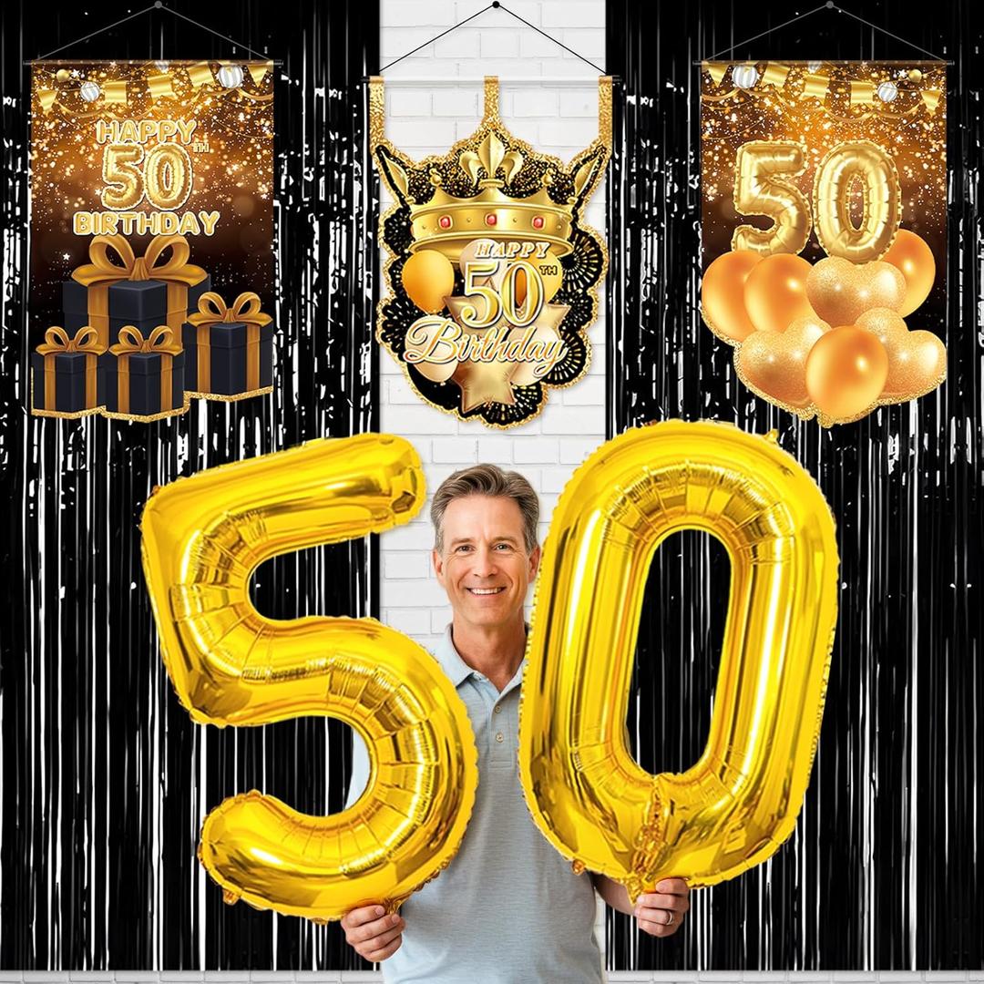 Vicycaty 50th Birthday Decoration for Men Women, Fabric 50th Birthday Backdrop Banner, Large Number 50 Foil Balloons, Foil Fringe Curtains, 50 Birthday Photo Props Yard Sign Decor(Black Gold)