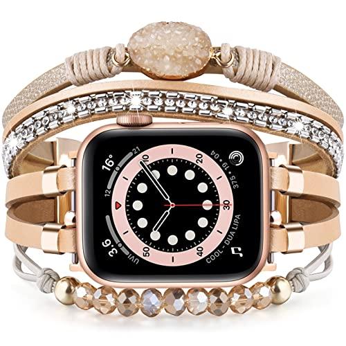 VISOOM Beaded Boho Bracelet Compatible for Apple Watch Band 40mm/38mm/41mm Series 10 9 8 7 SE Series 6/5/4 Women Leather Fashion Cute Handmade Multilayer Wrap Watch Strap for iWatch Bands 3/2/1