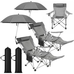 Colingmill 2 Pack Reclining Camping Chairs with 2 Umbrellas, Folding Beach Chairs with Footrest, Headrest, Cup Holder, 4-Position Adjustable Backrest Lounger for Lawn Outdoor, Picnic(Grey)