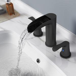 SINGSUO Bathroom Faucets for Sink 3 Hole, 8 Inch Waterfall Bathroom Faucet with 360 Degree Swivel Spout, 2 Handle Widespread Faucet with Pop Up Drain, 3 Piece Matte Black Tap