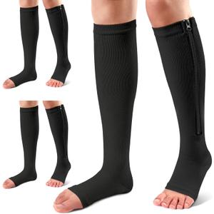 Ailaka 3 Pairs Compression Socks with Zipper, 15-20 mmHg Medical Knee High Compression Socks for Men Women, Open Toe Socks for Varicose Veins, Edema, Recovery (Black)
