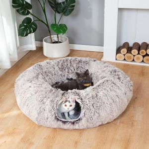 LUCKITTY Warm Fluffy Plush Cat Tunnel Bed Under Christmas Tree Big Tube Playground Toys 3 FT Diameter Longer Crinkle Collapsible 3 Way, for Indoor Cat Kitty Kitten Puppy Rabbit Ferret Brown